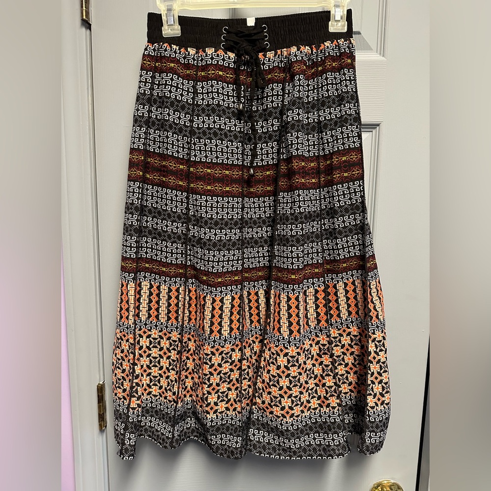 Lapis Black and Orange Patterned Maxi Skirt